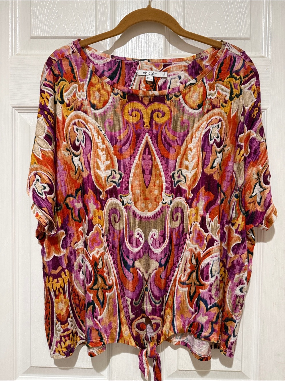 Chico's 100% Linen Purple, Orange & Cream Paisley Tie-Hem Tunic